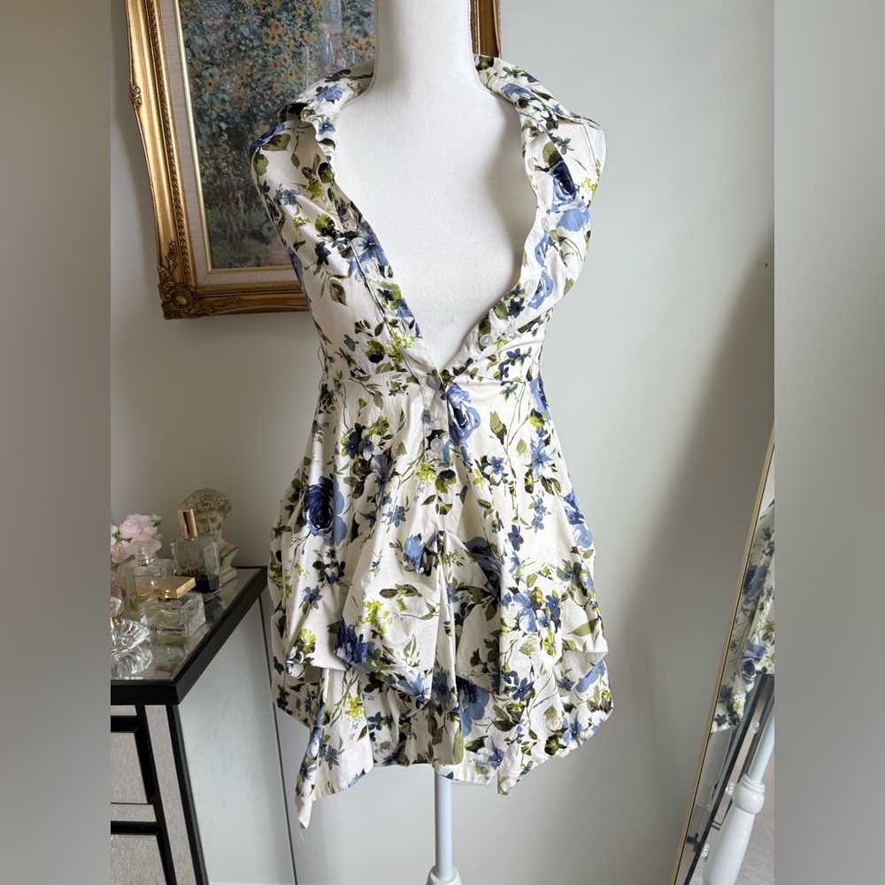 Iz Byer White Floral Ruffle Dress with Blue and Green Print
